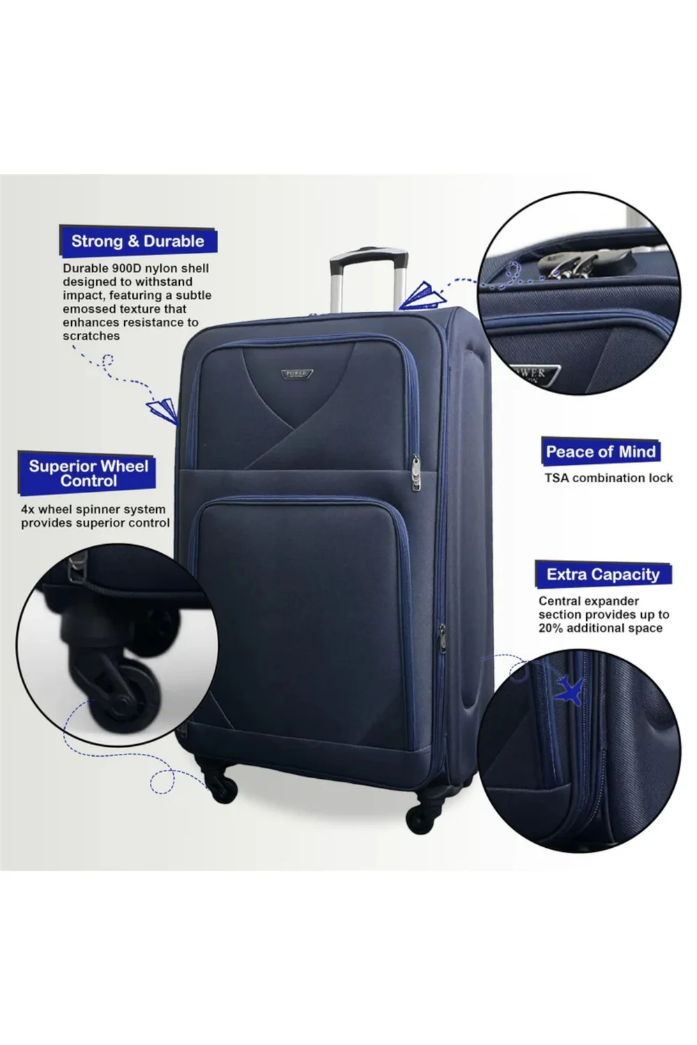 Infinity Luggage Navy Soft Shell Lightweight Nylon Suitcase - XL Image 3