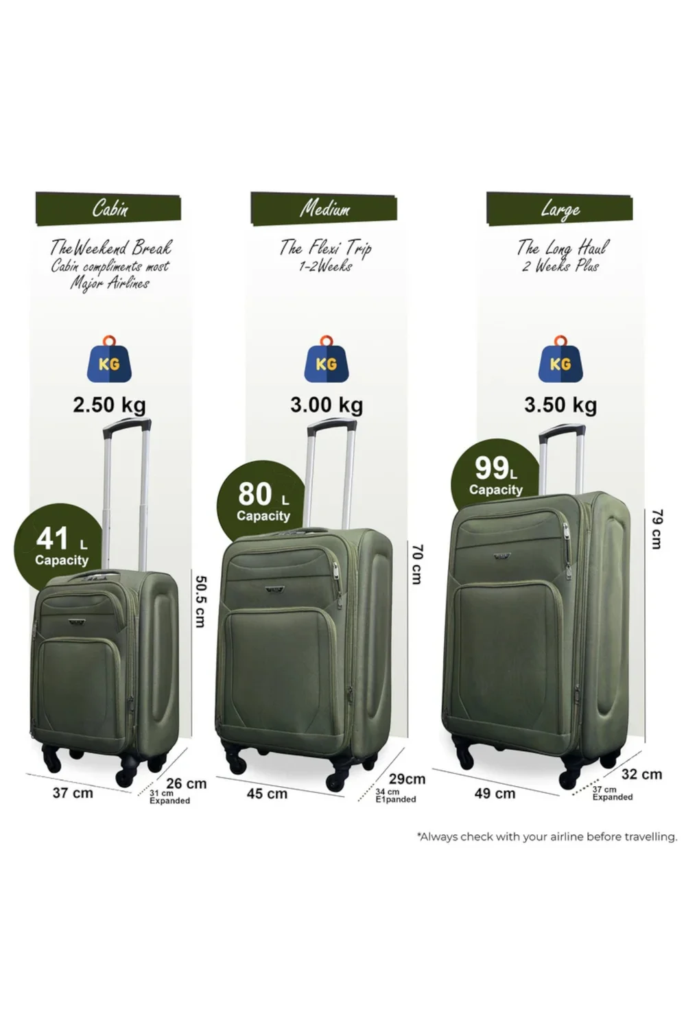 Infinity Luggage Khaki Soft Shell Lightweight Nylon Suitcase - XL Image 2