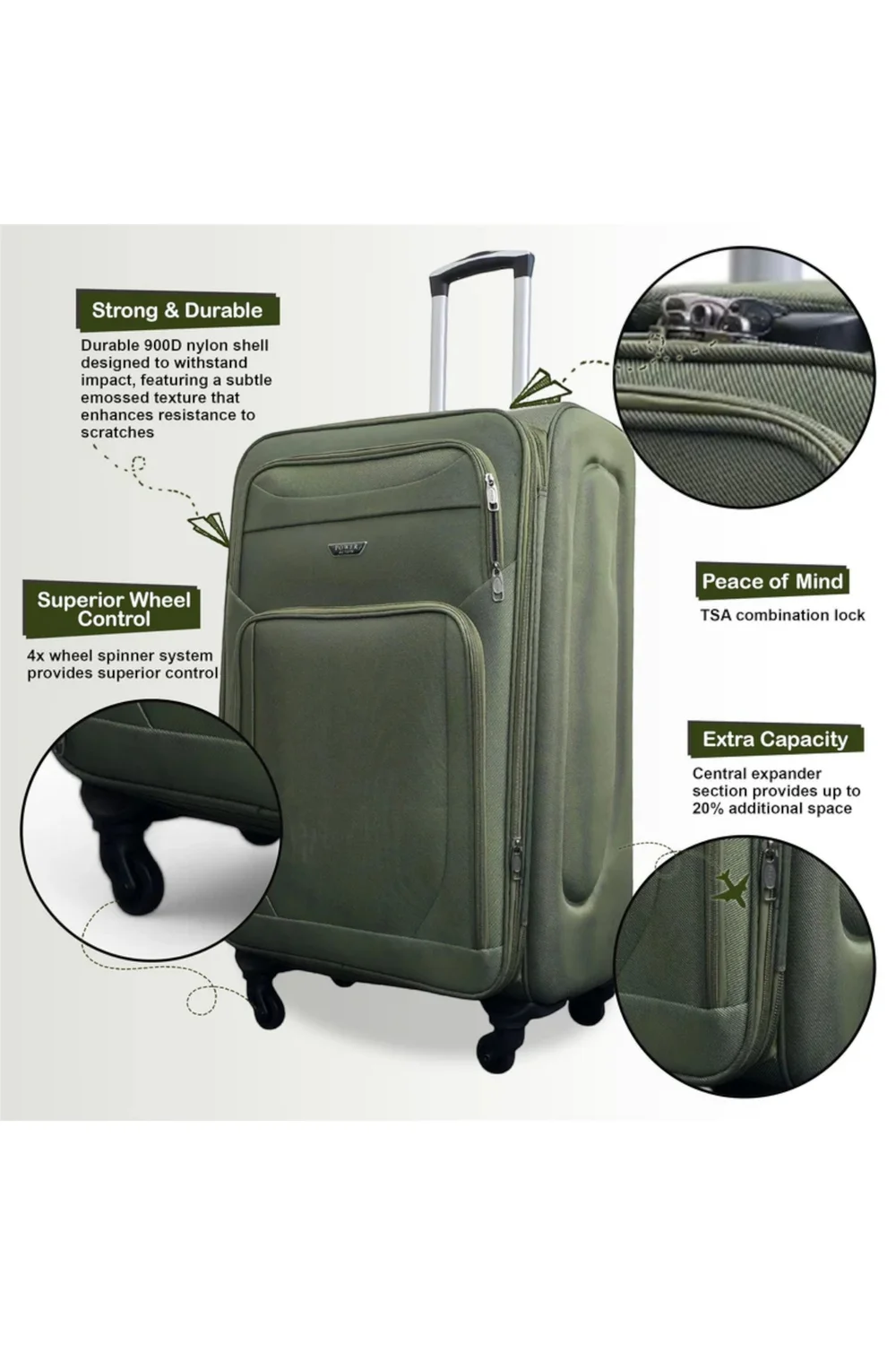 Infinity Luggage Khaki Soft Shell Lightweight Nylon Suitcase - XL Image 3