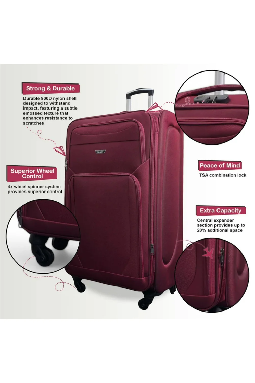 Infinity Luggage Wine Soft Shell Lightweight Nylon Suitcase - XL Image 3