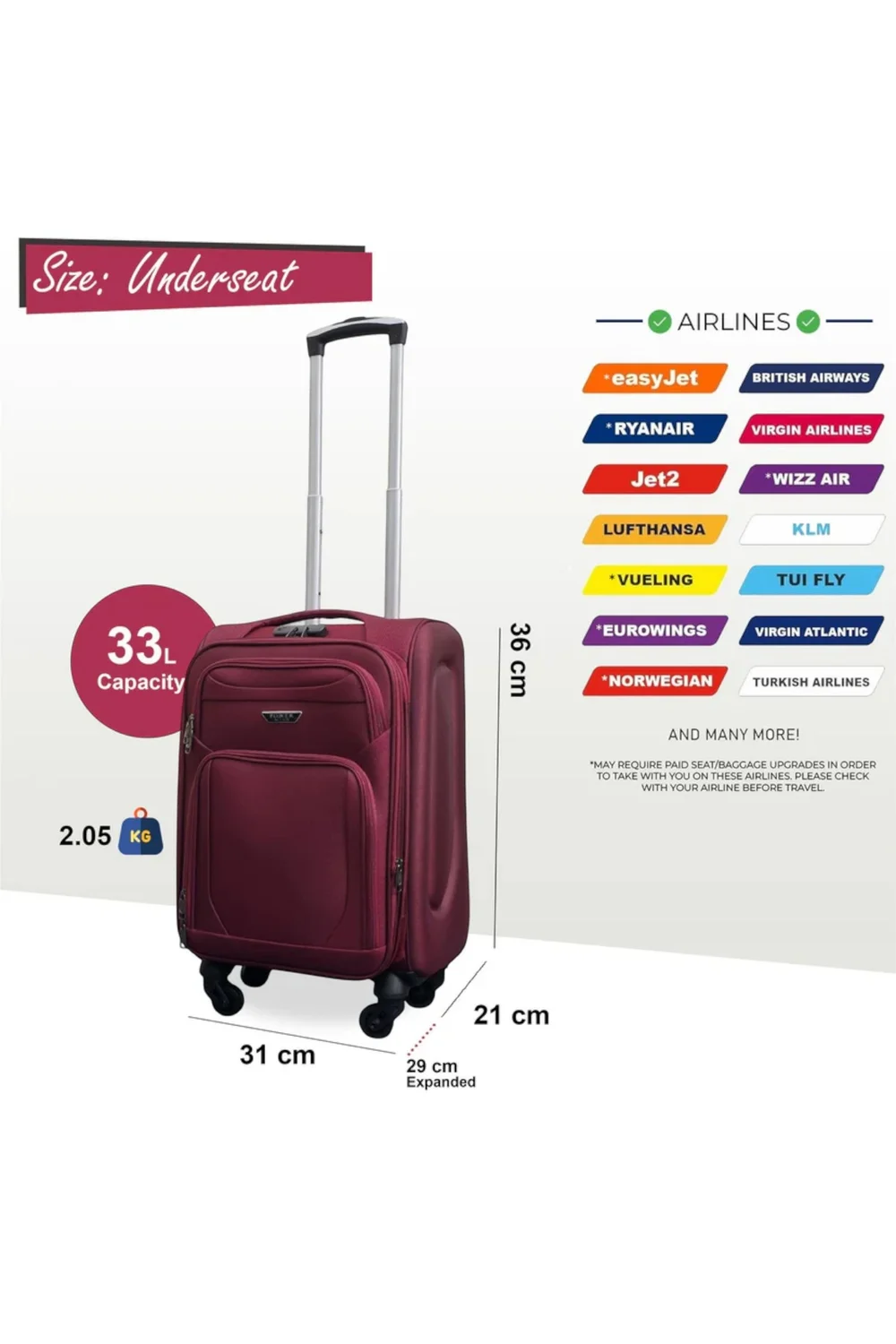 Infinity Luggage Wine Soft Shell Lightweight Underseat Nylon Suitcase - One Size Image 2