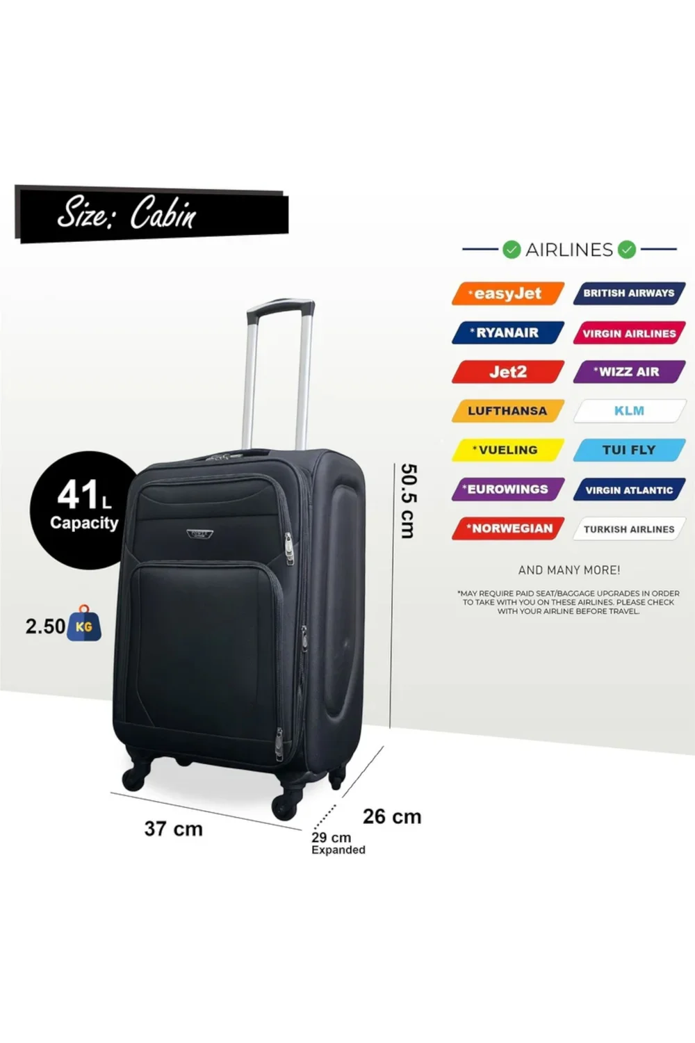 Infinity Luggage Black Expandable Soft Shell Cabin Suitcase - One Size Image 2