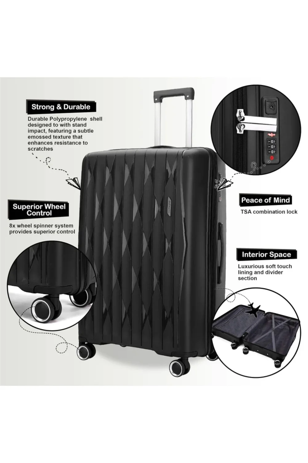 Infinity Luggage Black Hard Shell Suitcase TSA Travel - M Image 3