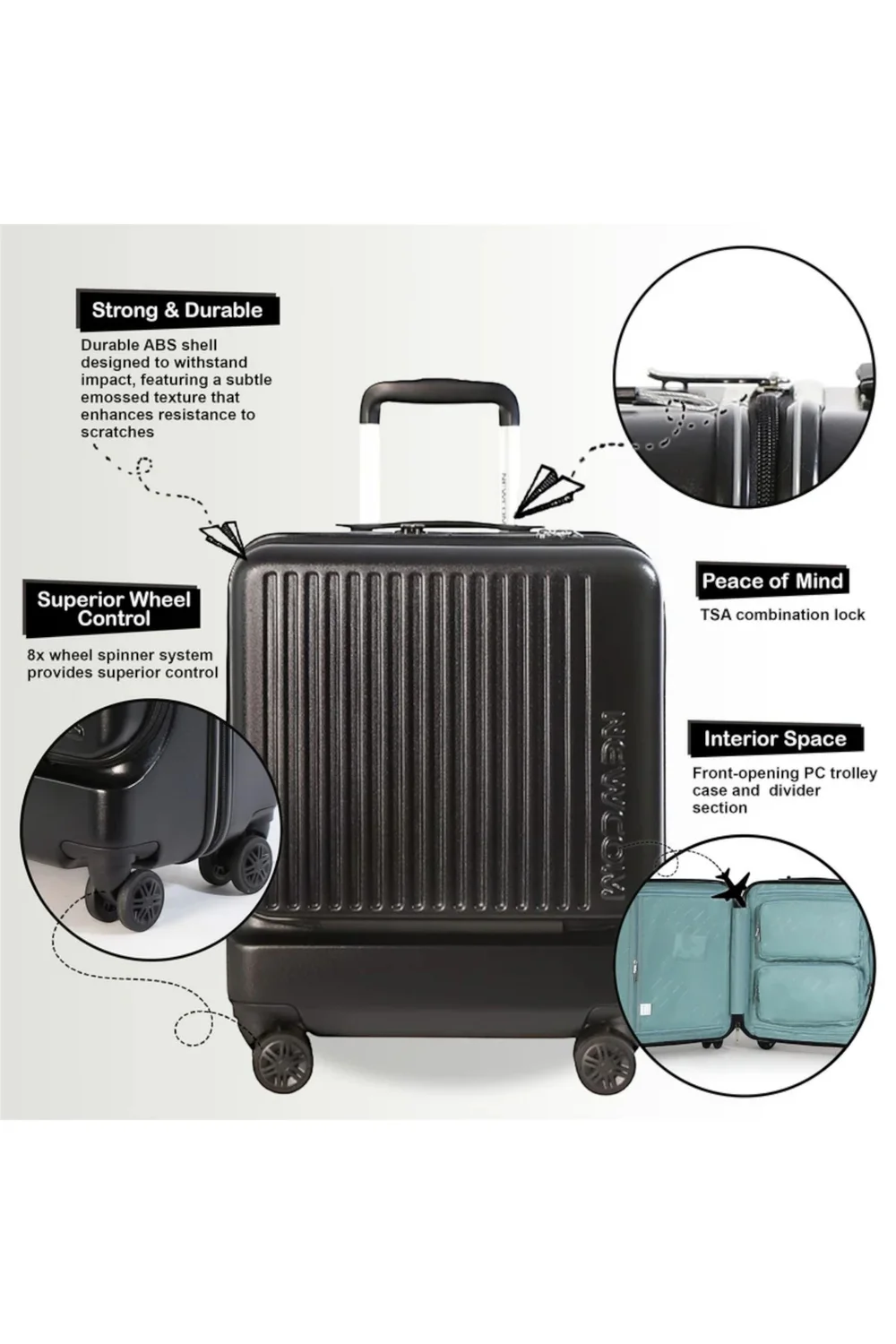 Infinity Luggage Black Durable Cabin Suitcase - Cabin Image 3