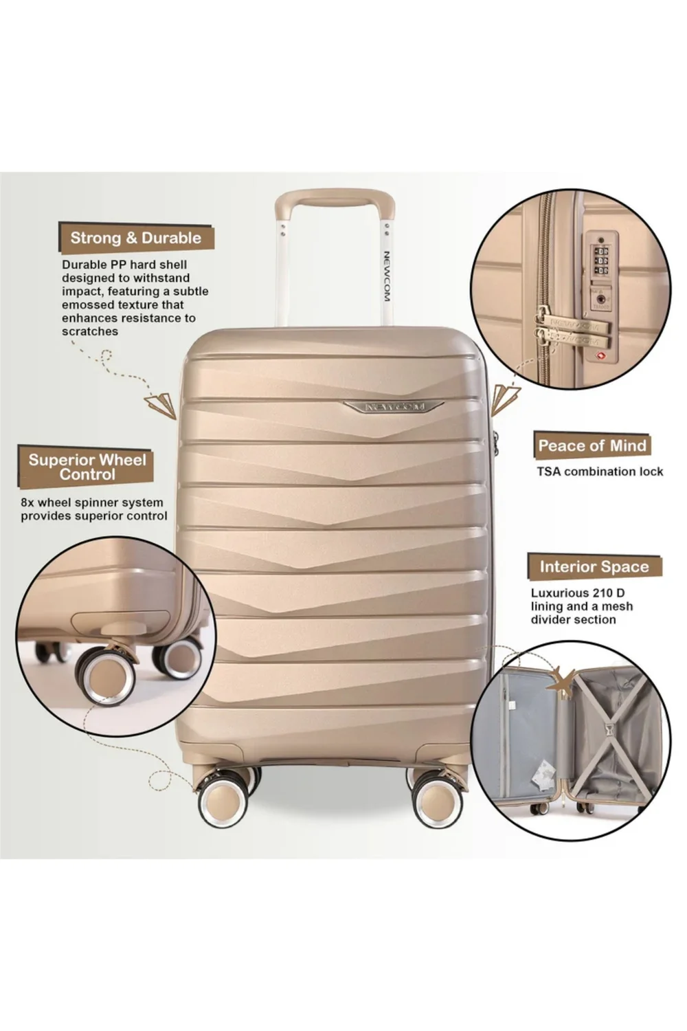 Infinity Luggage Champagne Beige Hard Shell TSA Strong Suitcase - Cabin Image 3