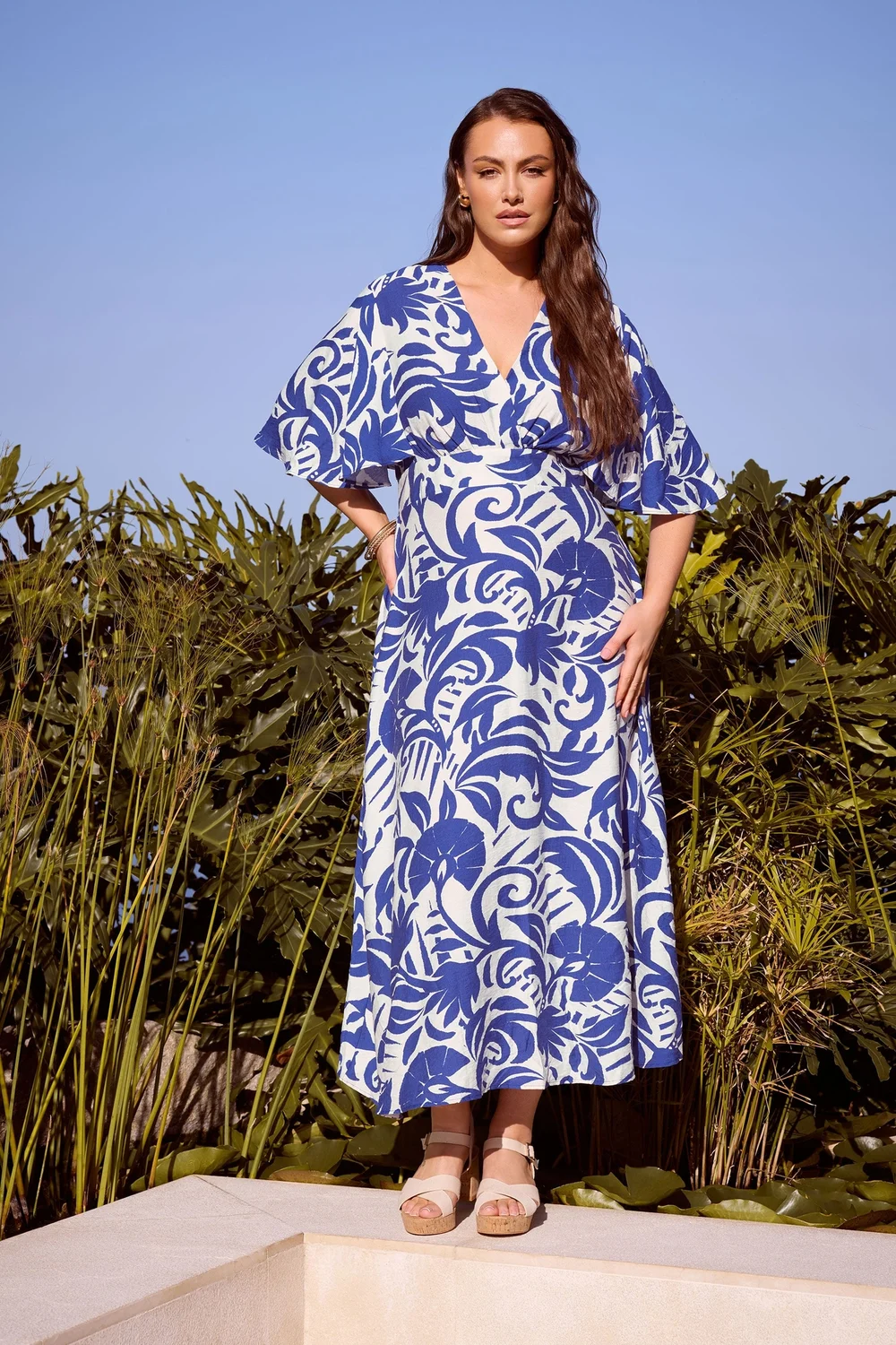 Yours London Curve Blue Floral Linen Look Wrap Dress - 26-28 | Matalan Yours London Curve Blue Floral Linen Look Wrap Dress - 26-28 | Matalan