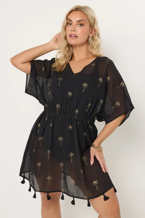 Yours Curve Black Foil Palm Tree Beach Kimono - 18-20 Image 2
