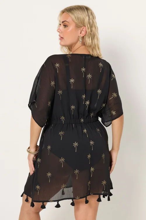 Yours Curve Black Foil Palm Tree Beach Kimono - 18-20 Image 4