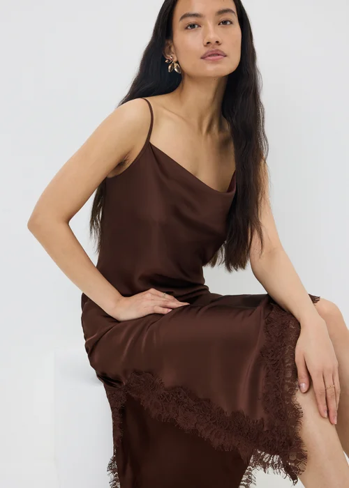 Chocolate Brown Satin Asymmetric Cami Midi Dress - 16 Image 3