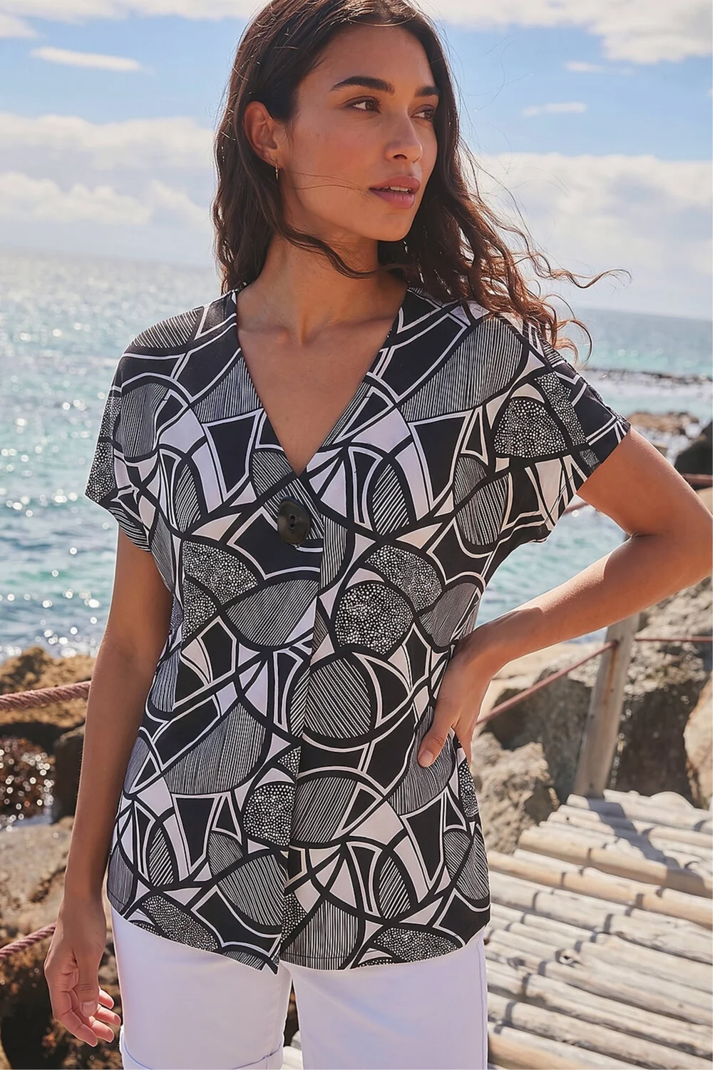 Roman Black Abstract Print V-Neck Stretch Top - 16 Image 1