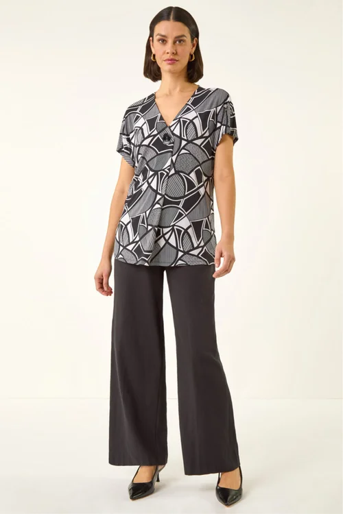 Roman Black Abstract Print V-Neck Stretch Top - 16 Image 2