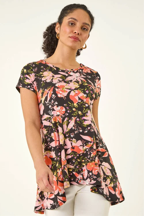 Roman Black Floral Print Hanky Hem Top - 20 Image 1
