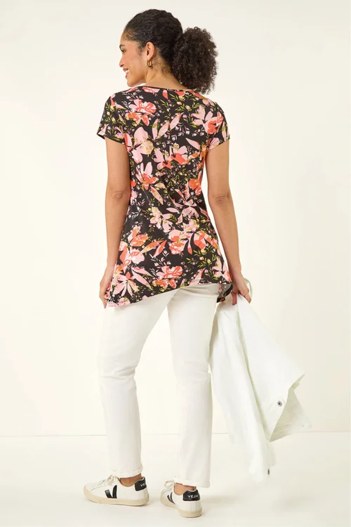 Roman Black Floral Print Hanky Hem Top - 20 Image 3