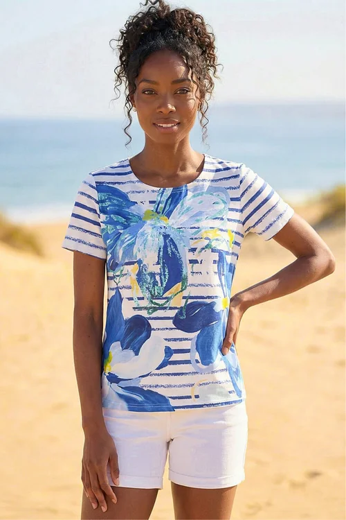 Roman Blue Floral Stripe Print Stretch Top - 12 Image 1