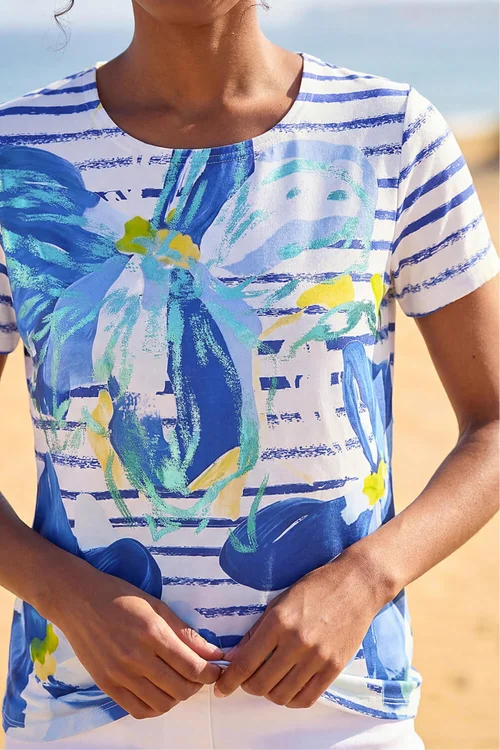 Roman Blue Floral Stripe Print Stretch Top - 12 Image 4