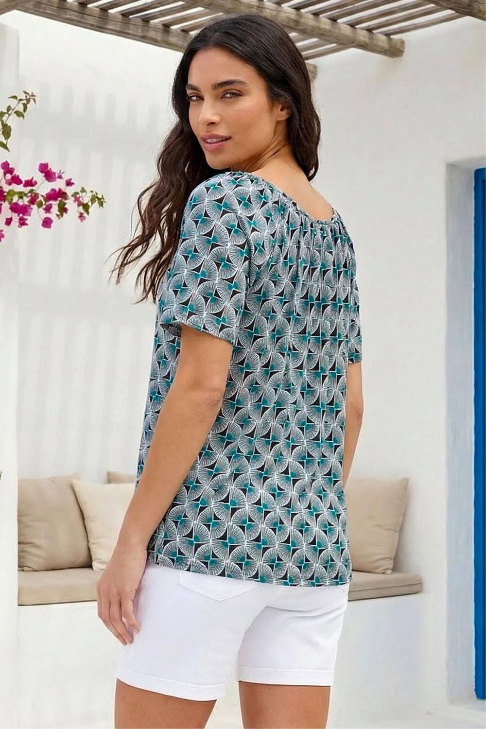 Roman Blue Abstract Print V-Neck Stretch Top - 18 Image 3