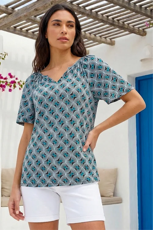 Roman Blue Abstract Print V-Neck Stretch Top - 18 Image 1
