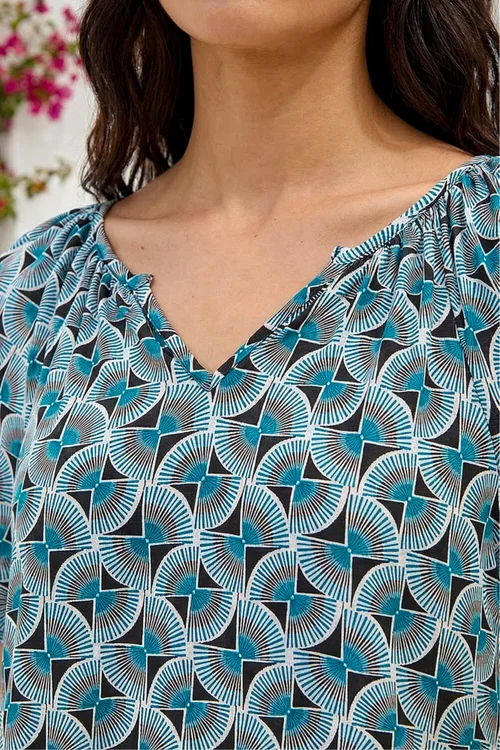 Roman Blue Abstract Print V-Neck Stretch Top - 18 Image 4
