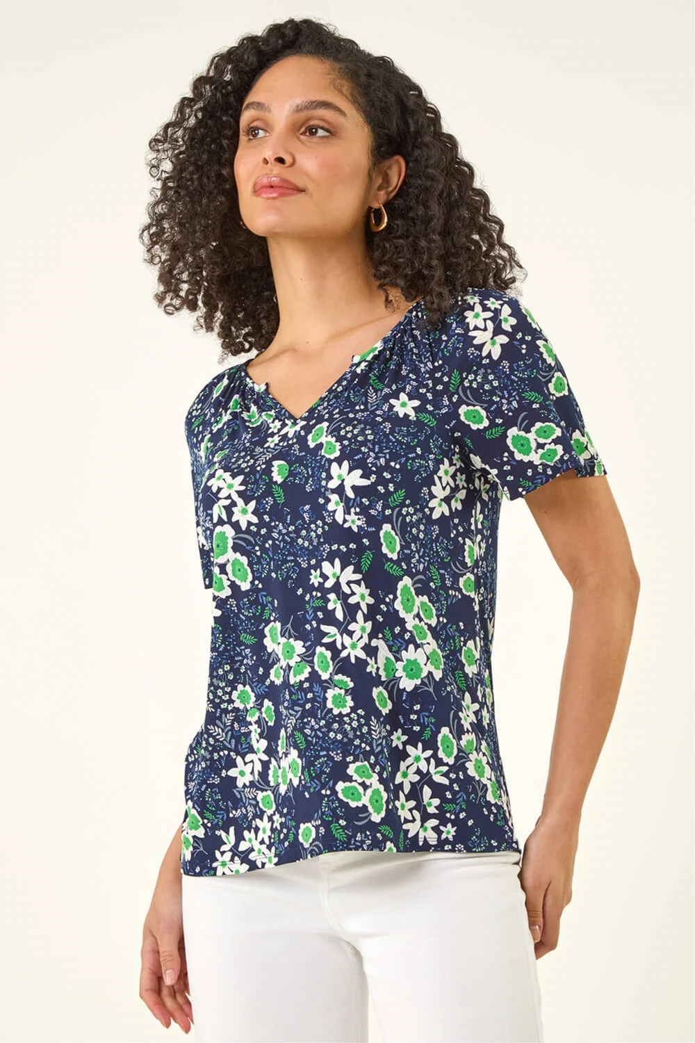 Roman Green Floral Gathered V-Neck Top - 18 Image 1