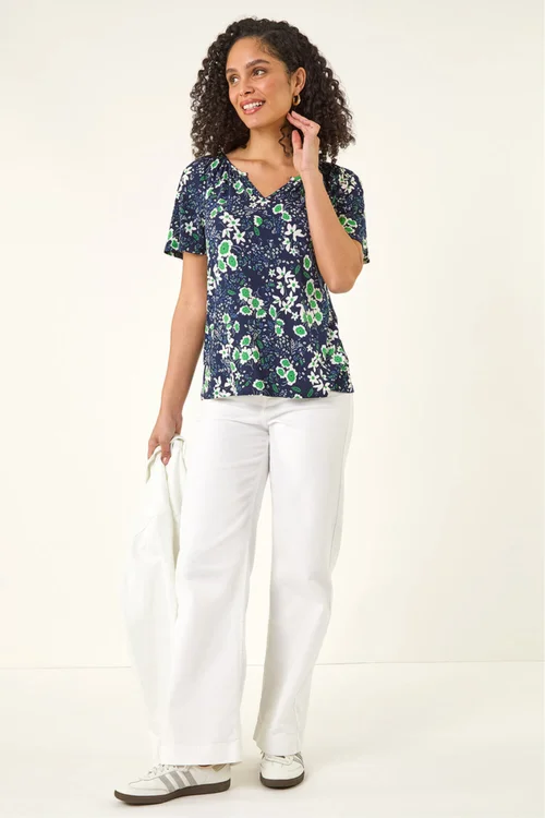 Roman Green Floral Gathered V-Neck Top - 18 Image 2