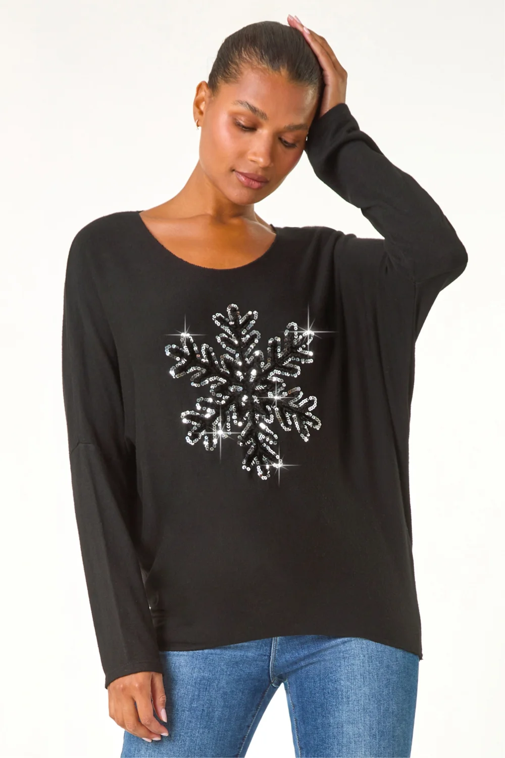 Roman Black Embellished Snowflake Stretch Top - M Image 4