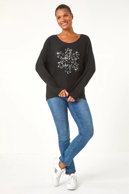 Roman Black Embellished Snowflake Stretch Top - M Image 2