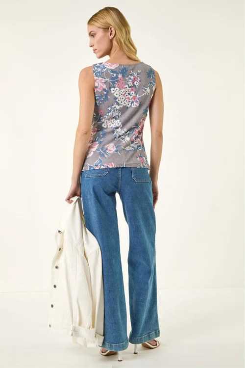 Roman Pink Floral Print Mesh Stretch Top - 12 Image 3