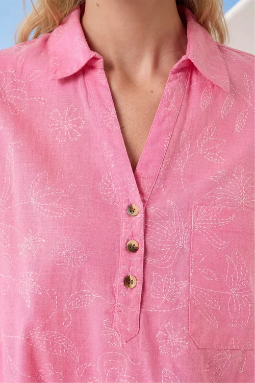 Roman Pink Floral Print Collar V-Neck Shirt - 10 Image 4