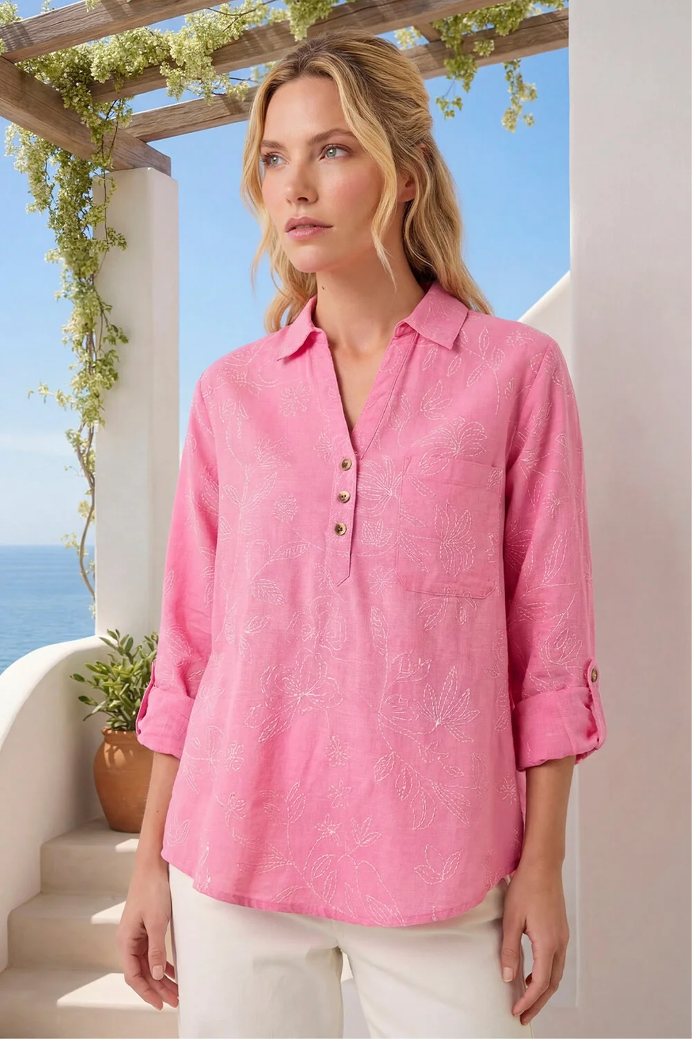 Roman Pink Floral Print Collar V-Neck Shirt - 10 Image 1
