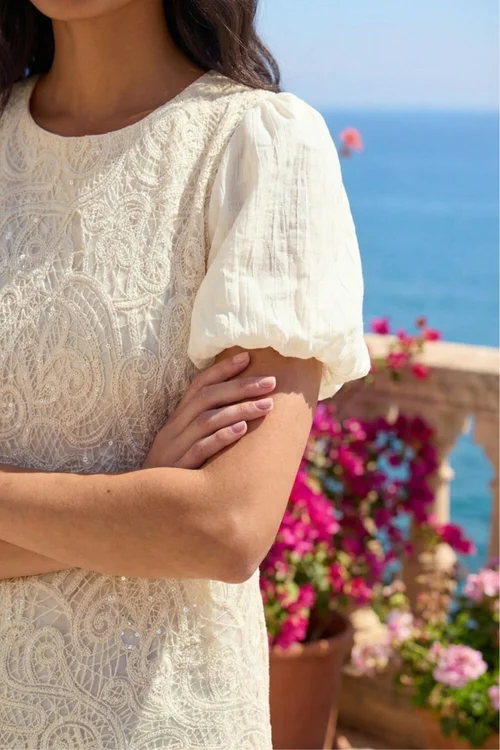 Roman Cream Sequin Lace Puff Sleeve Top - 16 Image 4