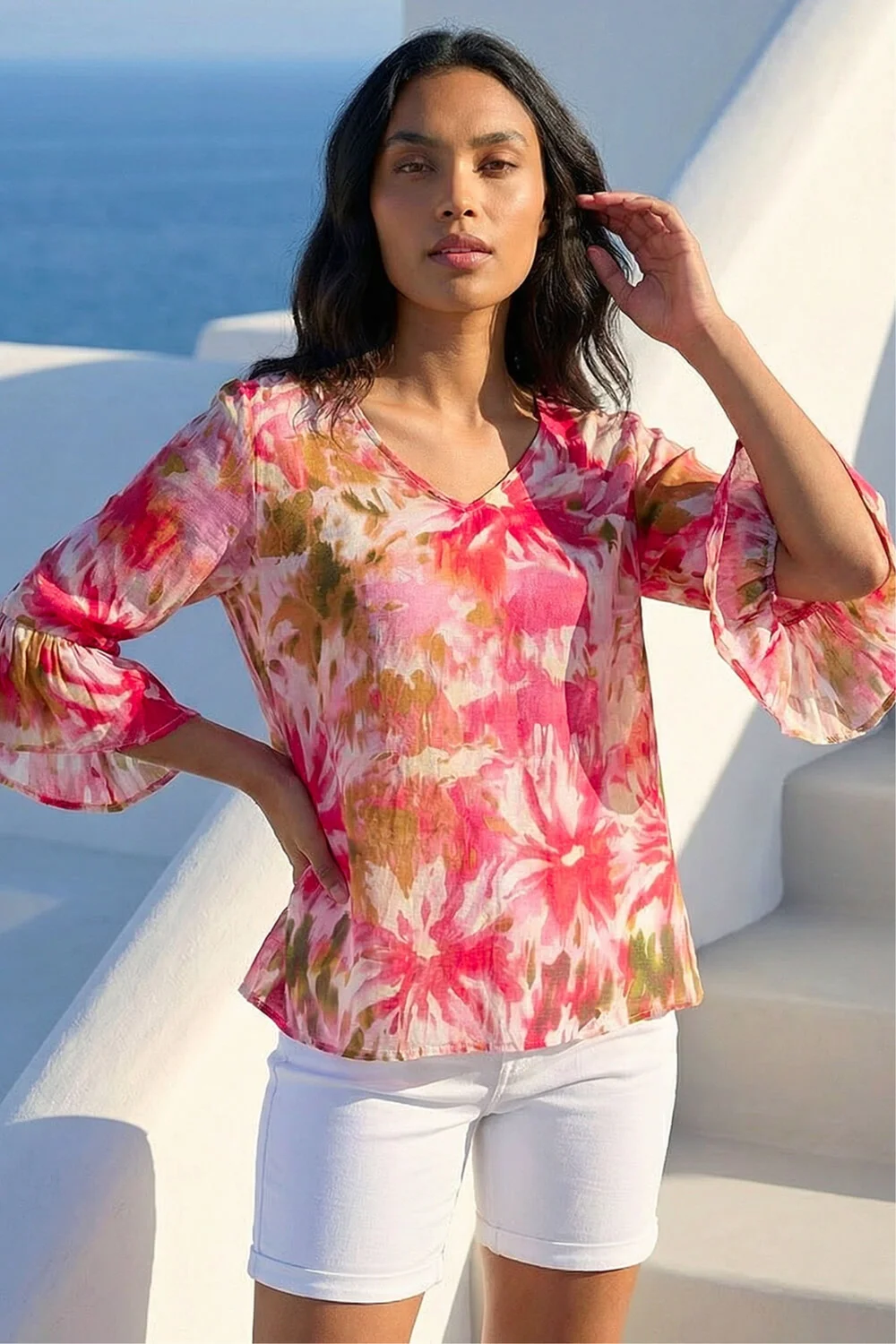 Roman Pink Abstract Floral Flare Sleeve Top - 12 Image 1