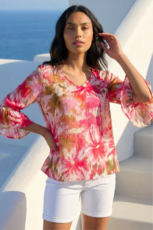 Roman Pink Abstract Floral Flare Sleeve Top - 12 Image 1