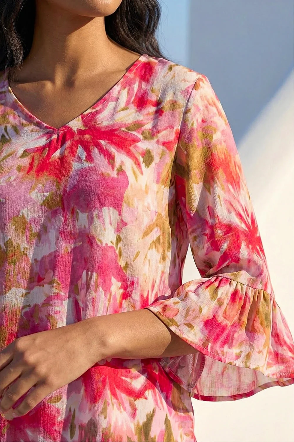 Roman Pink Abstract Floral Flare Sleeve Top - 12 Image 4