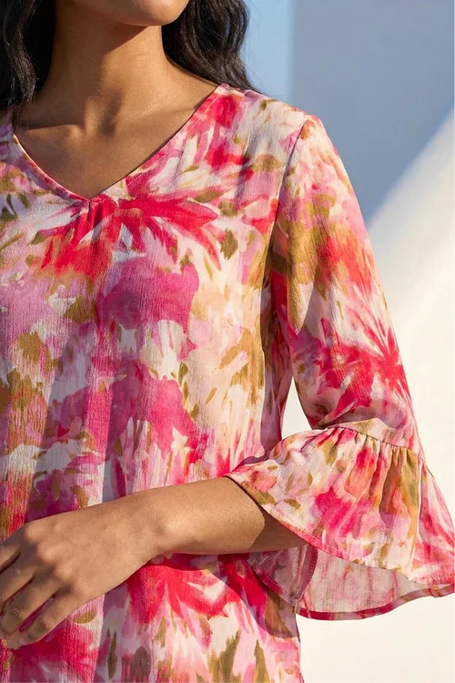 Roman Pink Abstract Floral Flare Sleeve Top - 12 Image 4