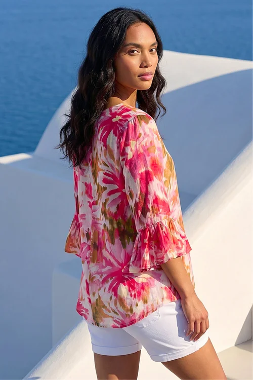 Roman Pink Abstract Floral Flare Sleeve Top - 12 Image 3