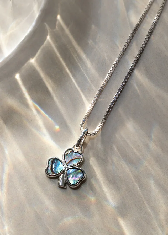 Golden Moments Sterling Silver Rhodium Plated Paua Shell Clover Pendant on Chain