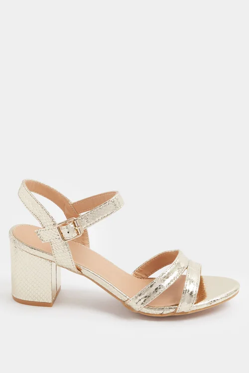 Yours Curve Gold Faux Leather Mid Block Heel Sandals In Wide E Fit - 5 Wide Image 3