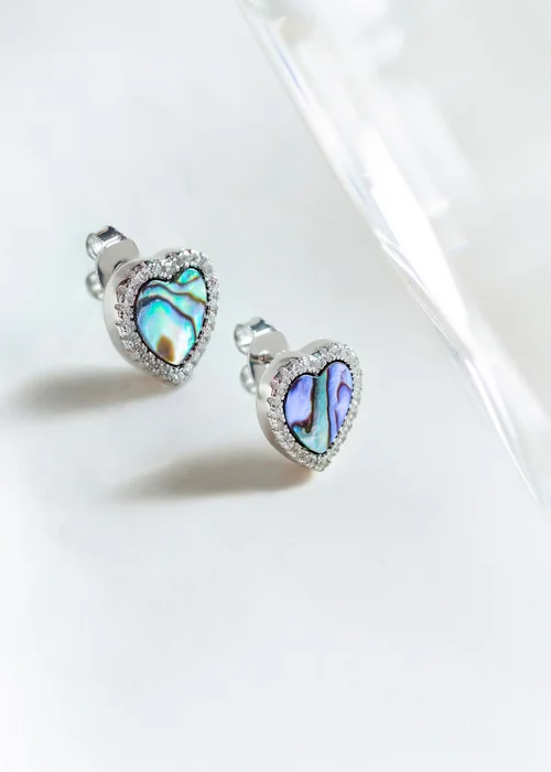Golden Moments Sterling Silver Rhodium Plated Paua Shell And CZ Heart Stud Earrings - One Size Image 2