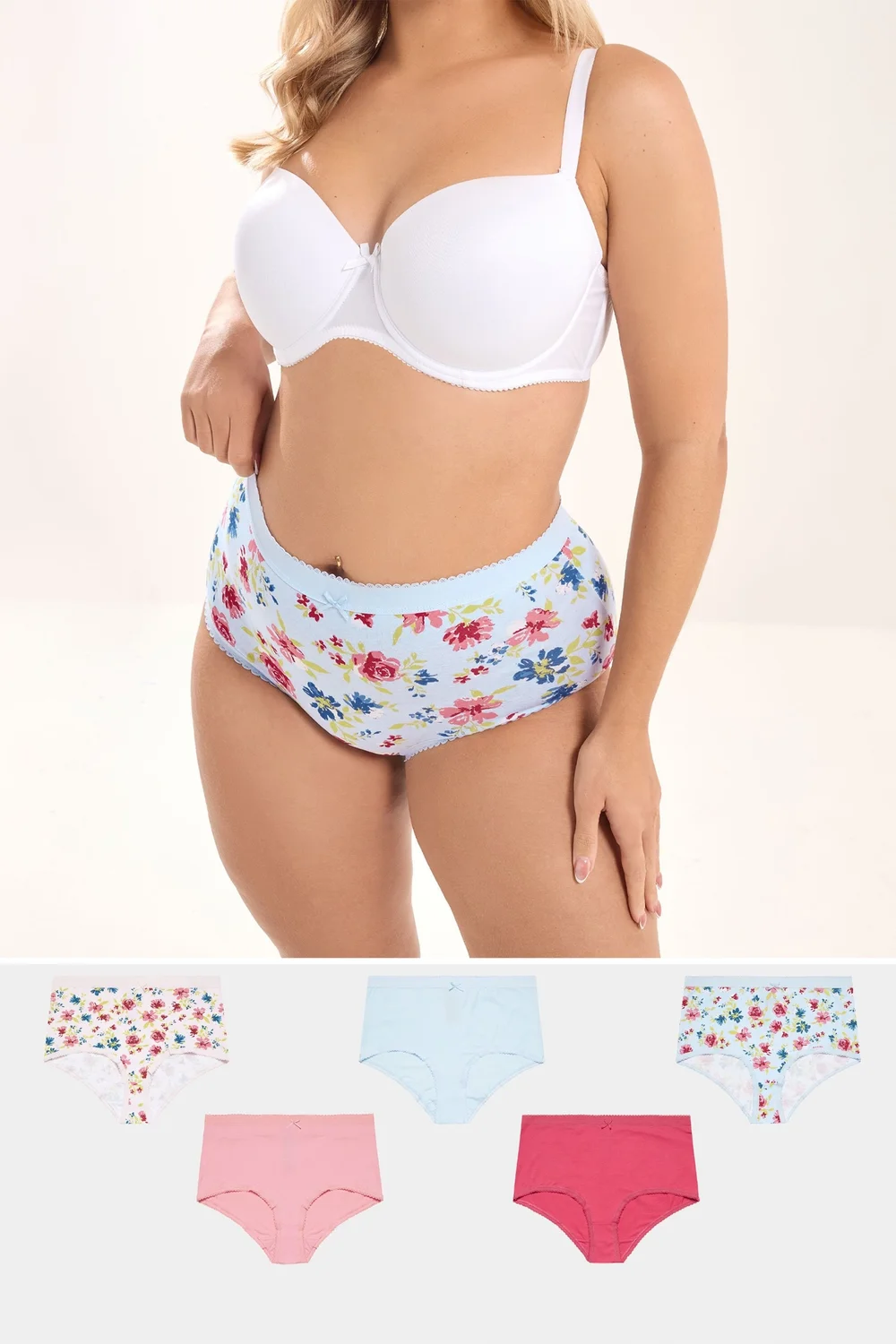 Yours 5 Pack Curve Blue & Pink Floral Full Briefs - 22-24 Image 1