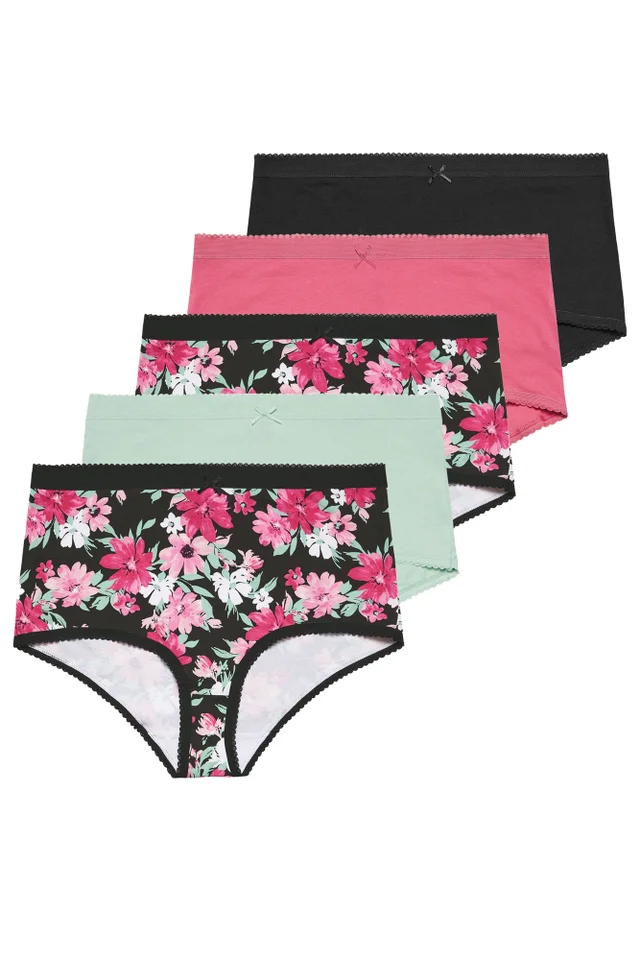 Yours Curve 5 Pack Black Floral Print Full Briefs