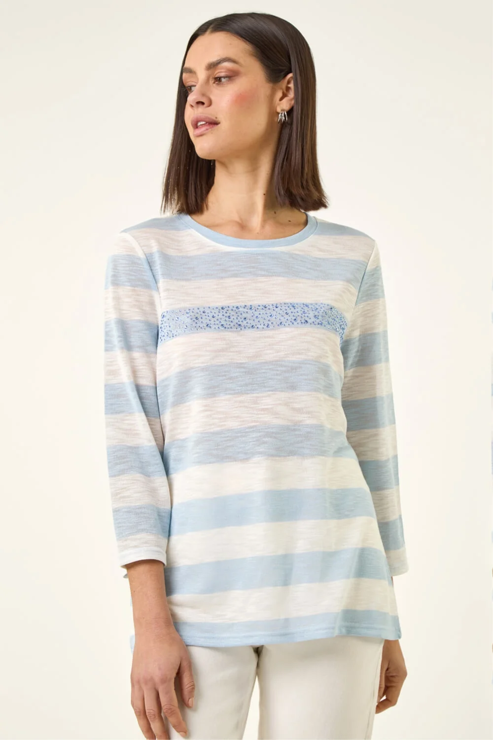 Roman Blue Embellished Stripe Stretch Top - 12 Image 4