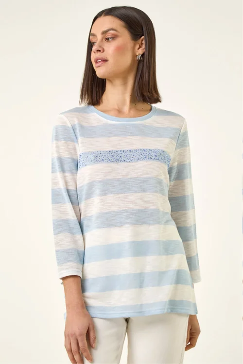 Roman Blue Embellished Stripe Stretch Top - 12 Image 4