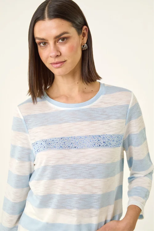 Roman Blue Embellished Stripe Stretch Top - 12 Image 1