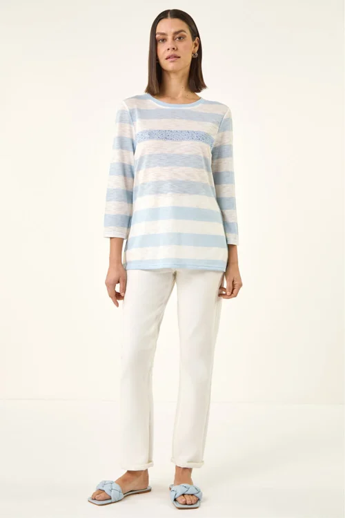 Roman Blue Embellished Stripe Stretch Top - 12 Image 2