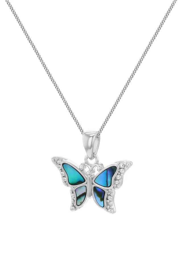 Golden Moments Sterling Silver Rhodium Plated Paua Shell Butterfly Pendant on Chain