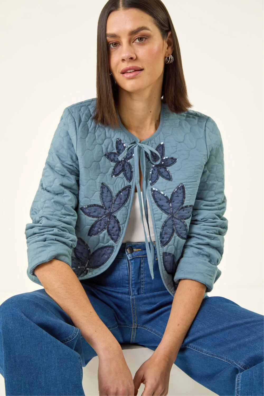 Roman Denim Sequin Embellished Quilted Jacket - 18 Image 1