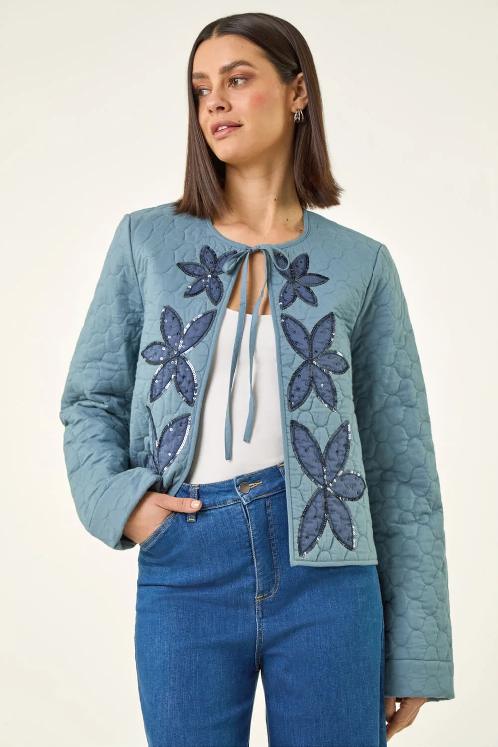 Roman Denim Sequin Embellished Quilted Jacket - 18 Image 4