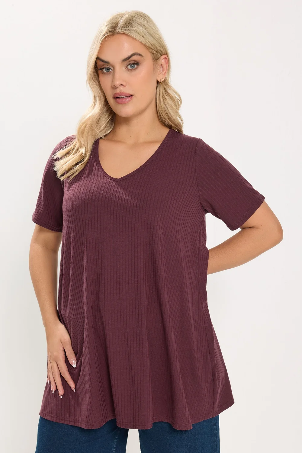 Yours Curve Burgundy Red Ribbed Swing Top - 26-28 Image 1