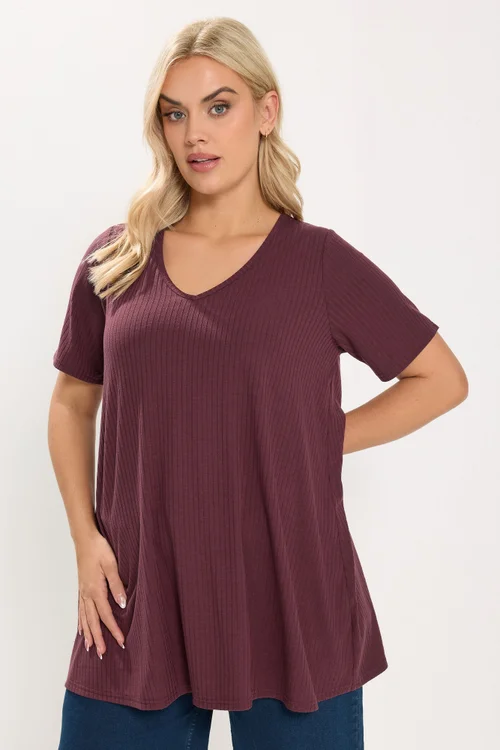 Yours Curve Burgundy Red Ribbed Swing Top - 26-28 Image 1
