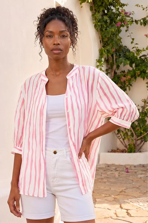 Roman Pink Stripe Print V-Neck Blouse - 10 Image 1